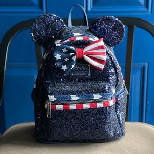 Loungefly Disney Minnie Mouse Ears Stars Stripes Flag Blue Sequin